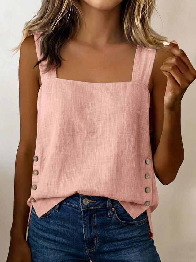 blue square neck sleeveless tank with side button detail