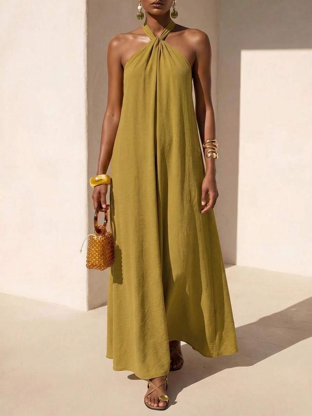 olive green halter neck crossover maxi dress