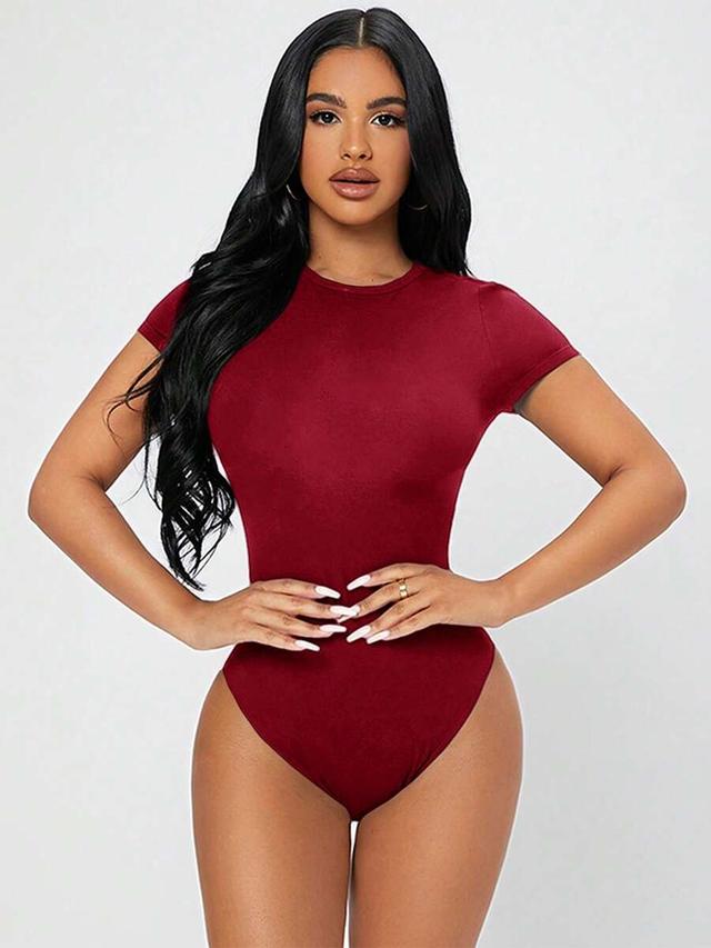 burgundy solid slim fit short sleeve bodysuit
