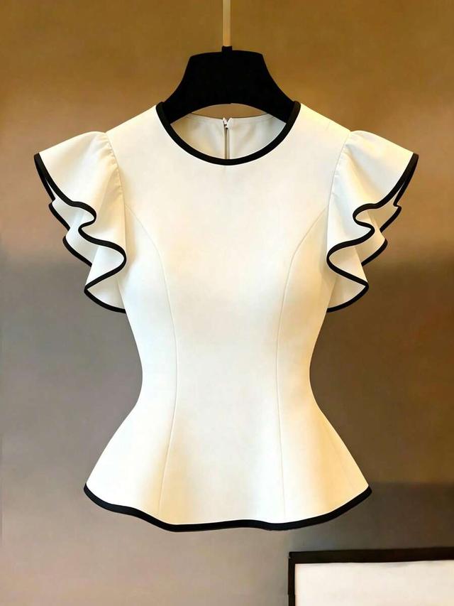 cream round neck flutter sleeve peplum blouse