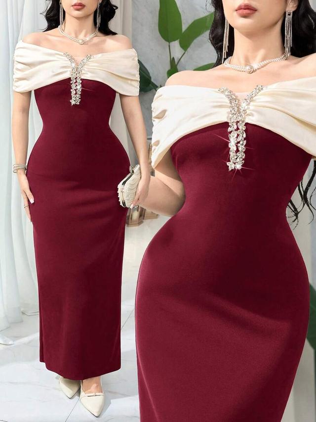 feyla women's color block rhinestone off shoulder dress