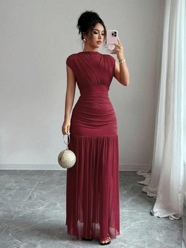 burgundy mock neck sleeveless pleated mesh patchwork dress