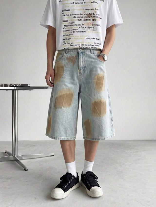 men retro washed distressed ink spray denim shorts