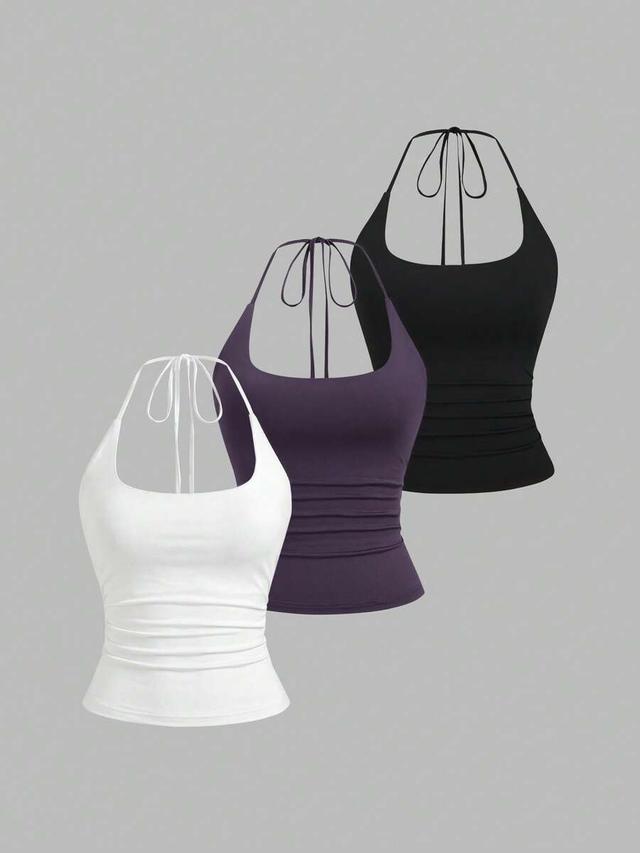 purple halter neck slimming fit casual top