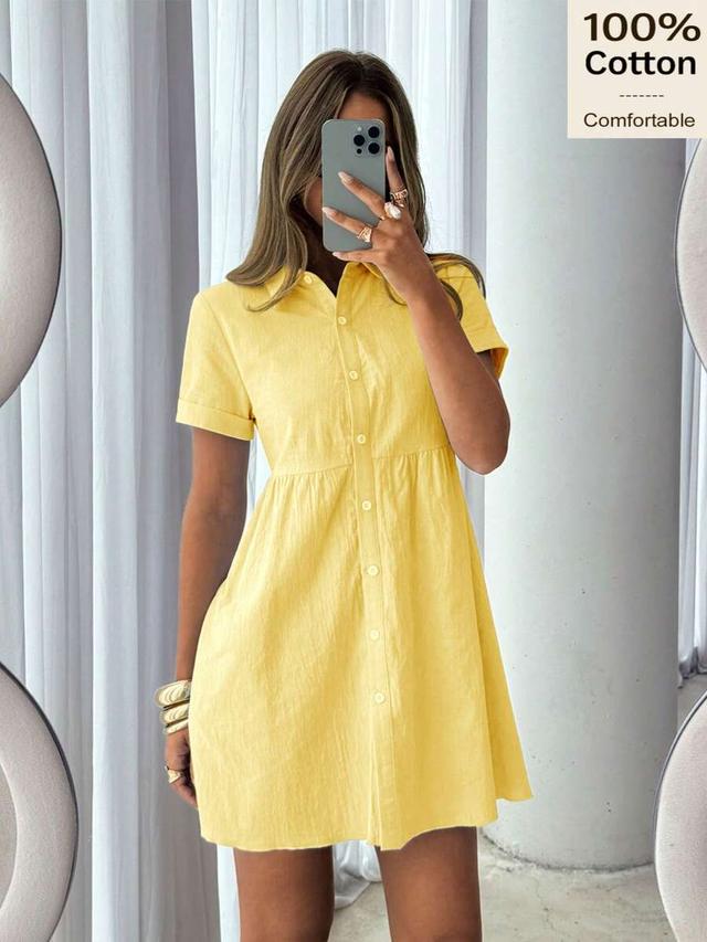 siren gaze yellow solid color single-breasted mini dress