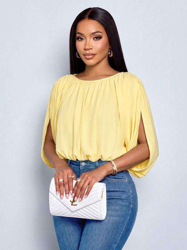 yellow ruched draped sleeve blouse