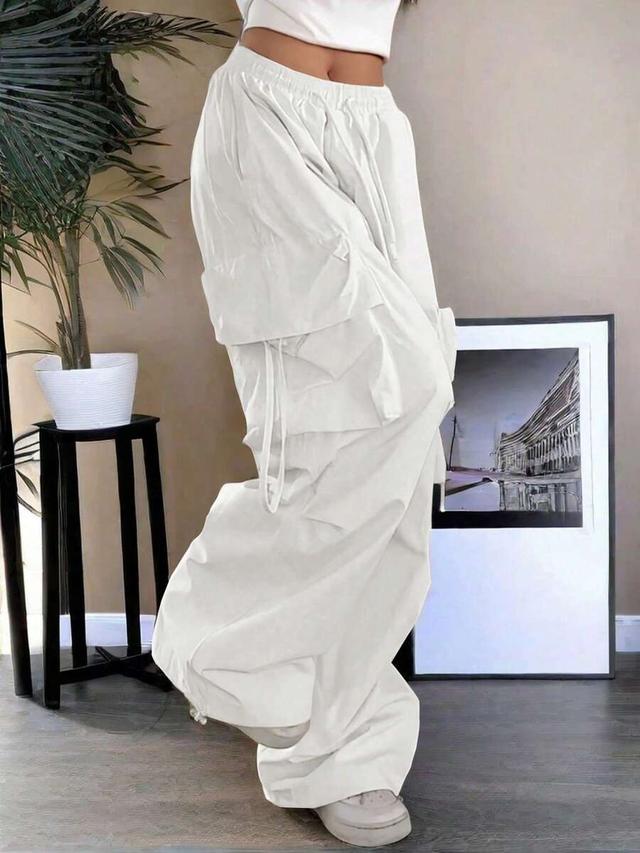white high waist drawstring parachute cargo pants