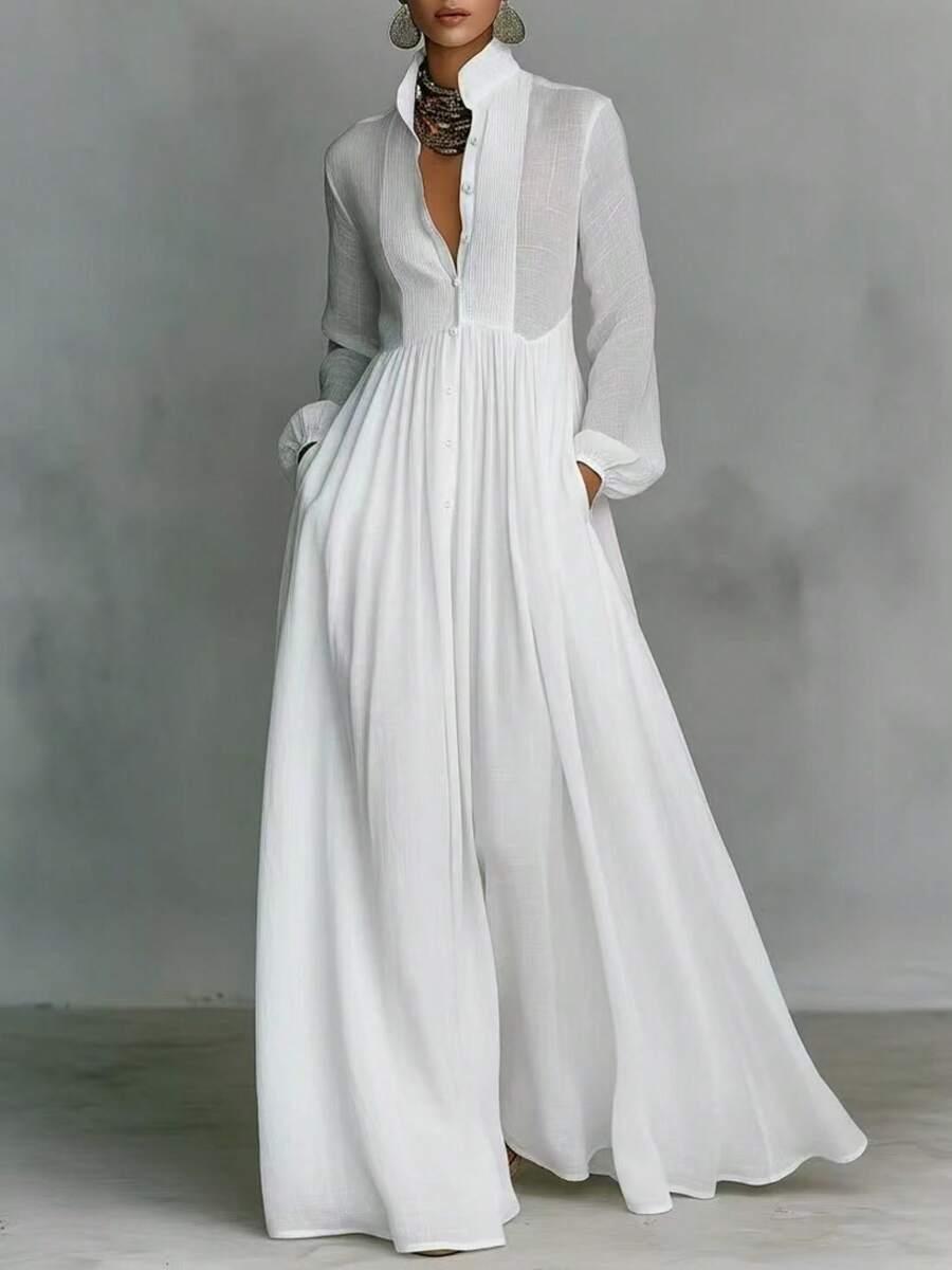 white linen button-down maxi dress with gathered skirt