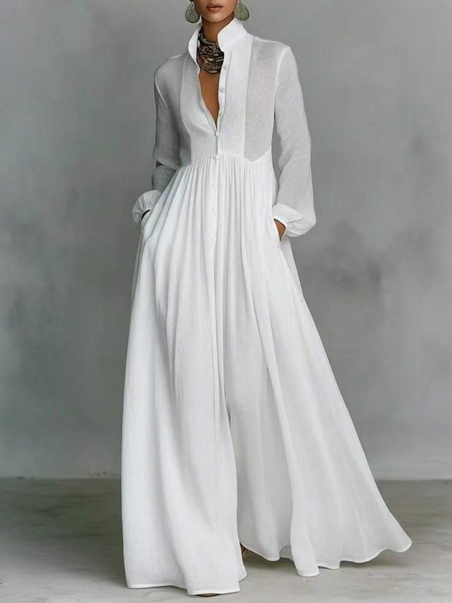 white linen button-down maxi dress with gathered skirt