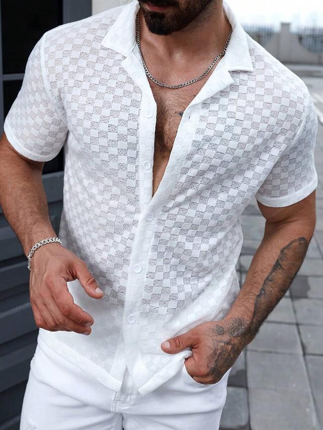 white textured checkerboard short sleeve button up shirt