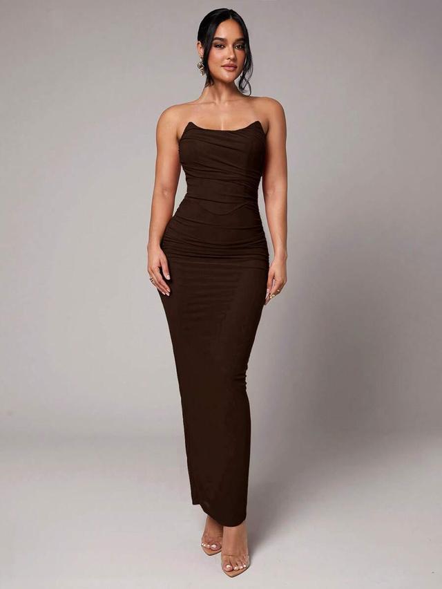 strapless ruched bodycon maxi dress