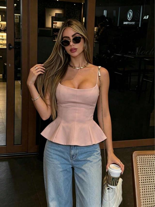 elegant pink spaghetti strap peplum corset top