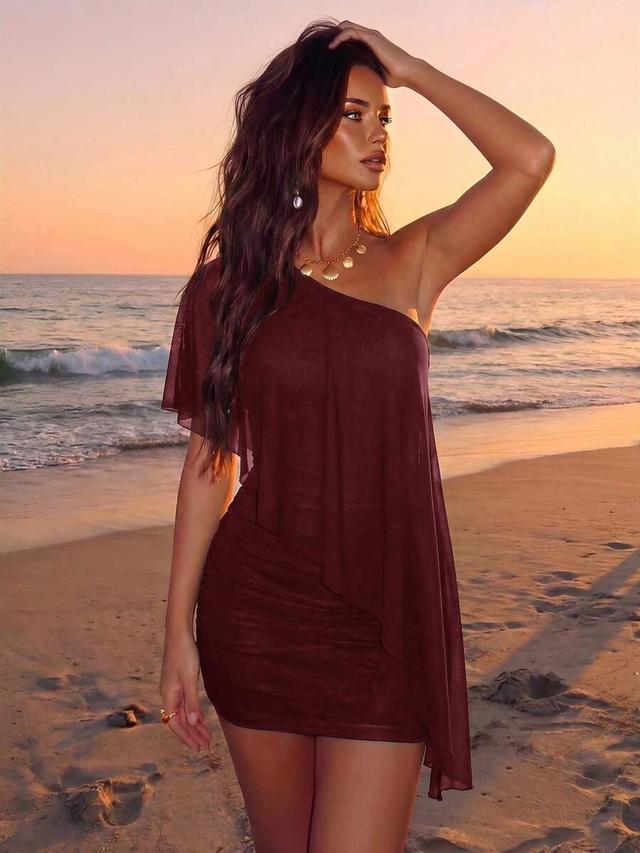 burgundy one-shoulder draped mesh mini dress