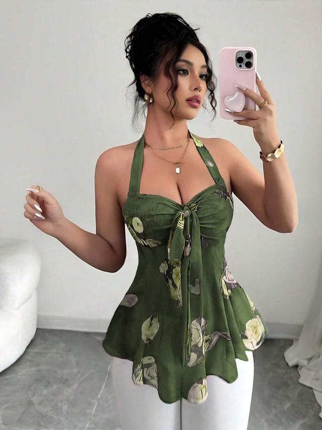 olive green floral print halter neck camisole