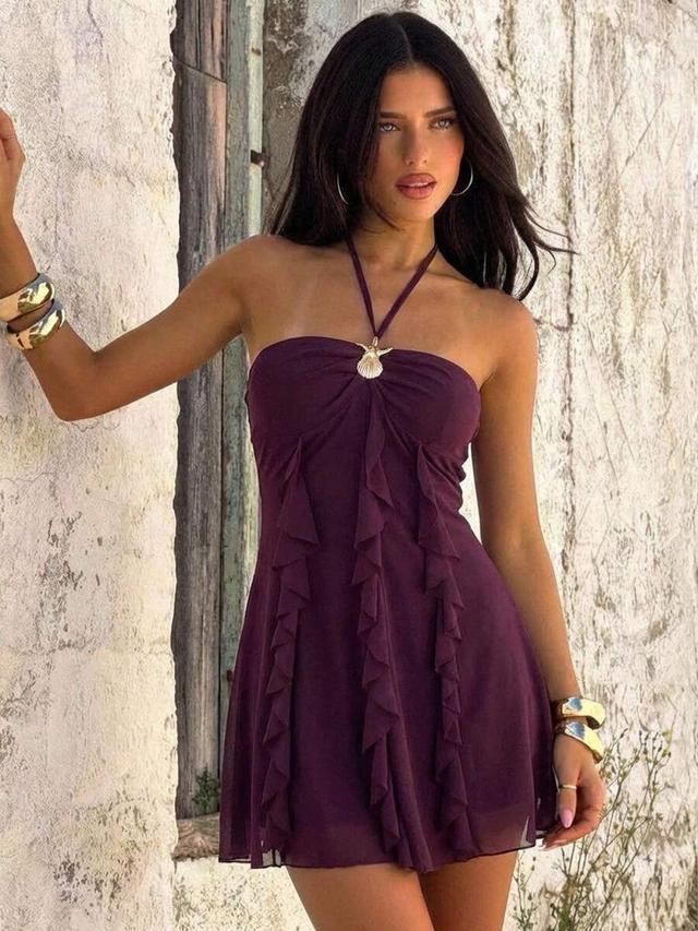 dark purple halter neck chiffon mini dress with ruffles
