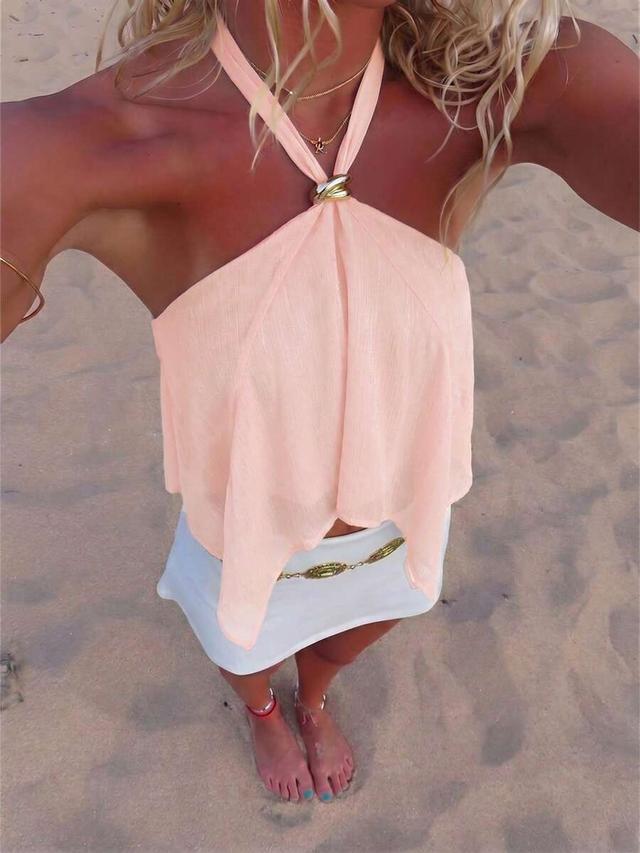 peach pink tropical tie-neck halter top with metal buckle