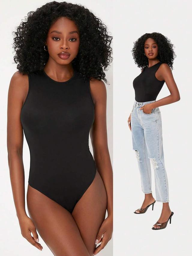 solid black round neck fitted tank bodysuit