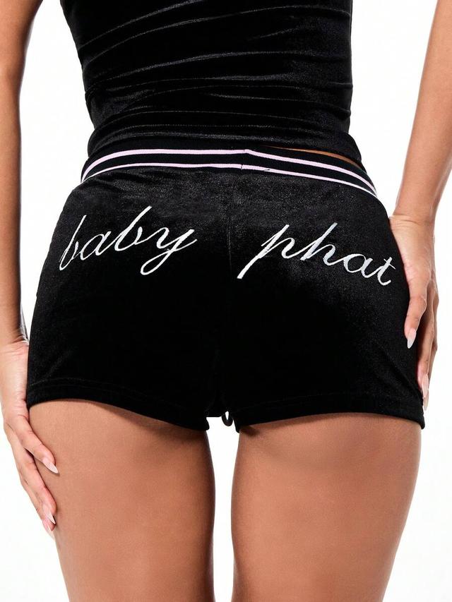 black velour booty shorts with ribbed waistband and script