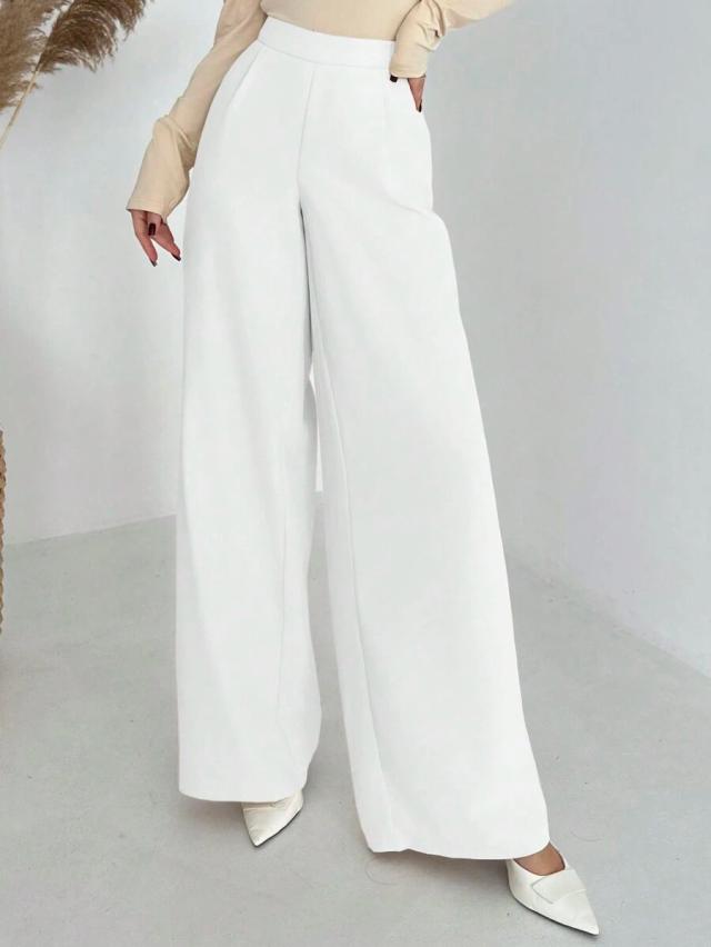 elegant white high waist pleated wide leg trousers