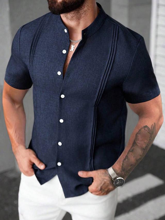 navy blue linen short sleeve button shirt