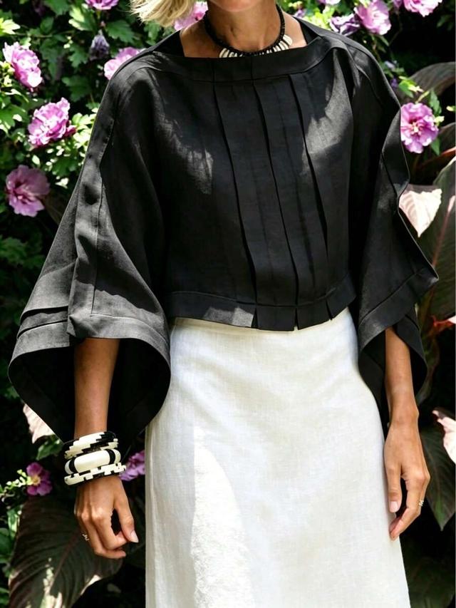 black linen batwing sleeve pleated boat neck blouse