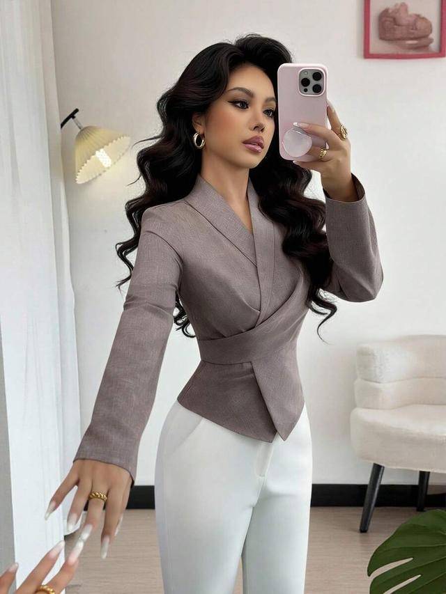 solid color tie crossed collar long sleeve blouse
