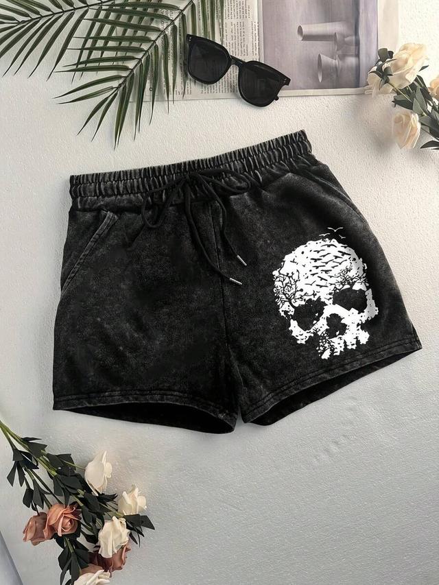 distressed black mineral wash skull graphic lounge shorts