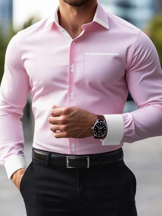 pink long sleeve button up shirt with white contrast
