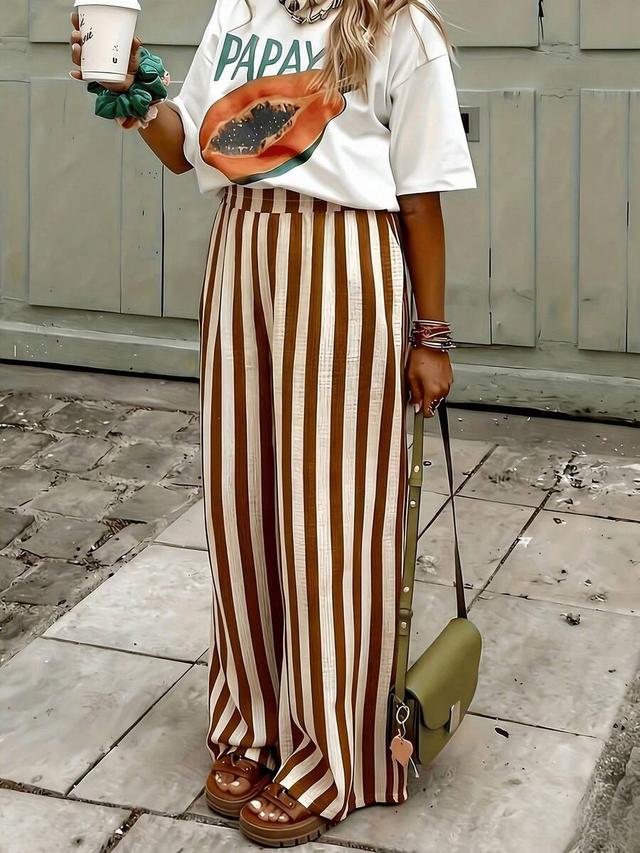 women's brown and white striped woven wide leg pants