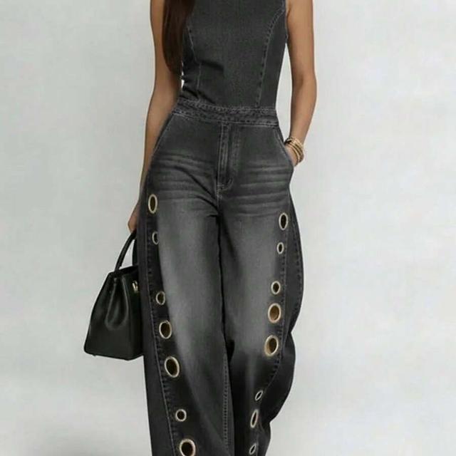 sleeveless denim jumpsuit with metal eyelet details