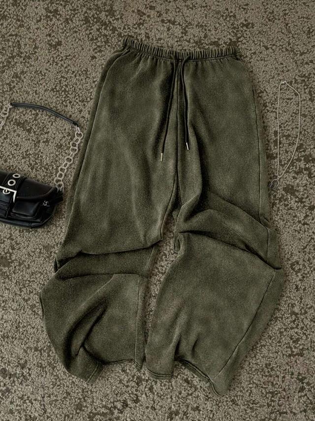 washed olive green casual straight leg sweatpants