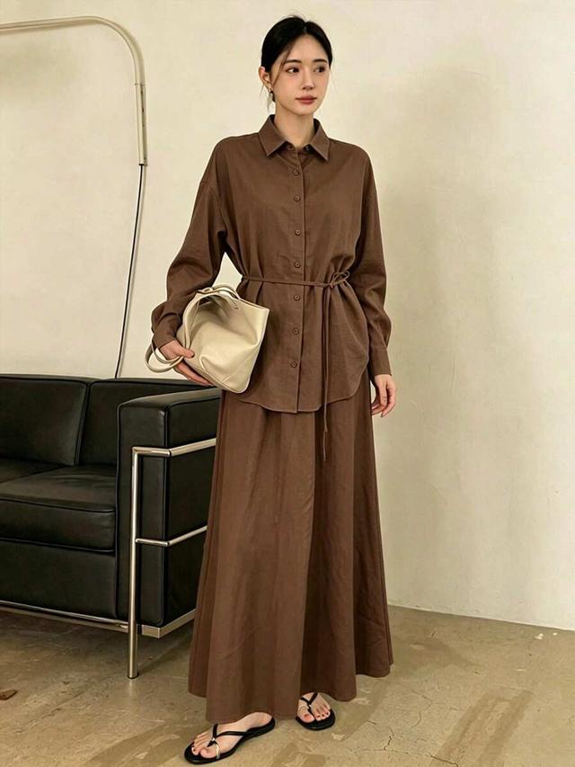 brown tie-waist sleeveless blouse and skirt set