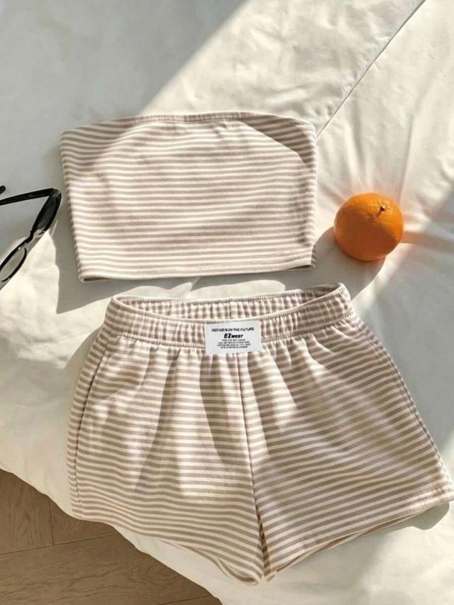 khaki white striped bandeau top and shorts set