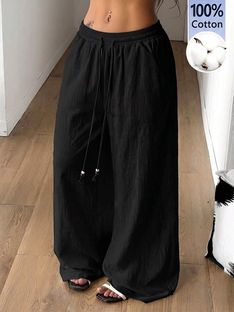 washed cotton black wide leg beach pants