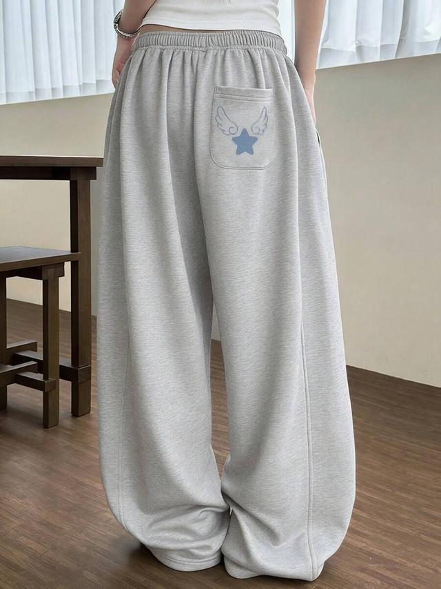 grey casual wide leg sweatpants with wing graphic