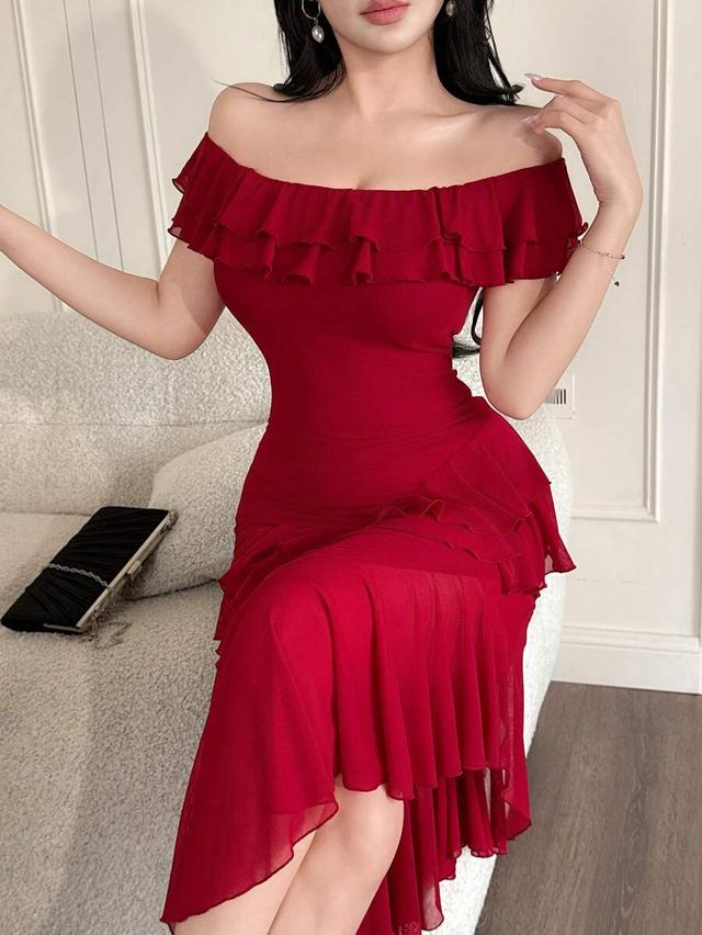 feyla casual red ruffled hem long dress