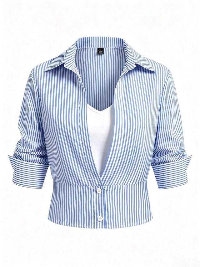 blue and white striped cropped collared blouse