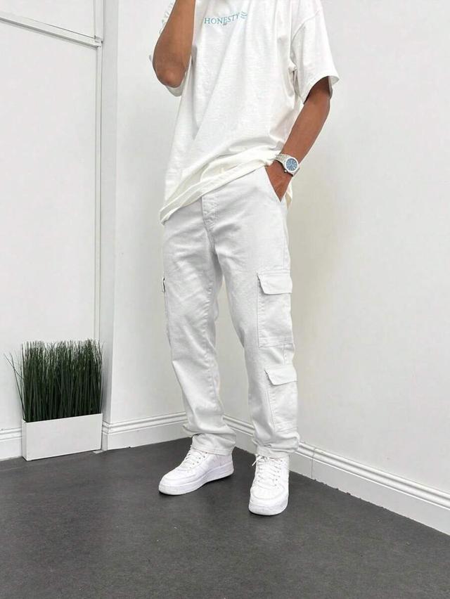 men's white multi-pocket loose casual cargo jeans