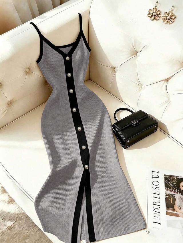slim fit grey ribbed knit cami dress