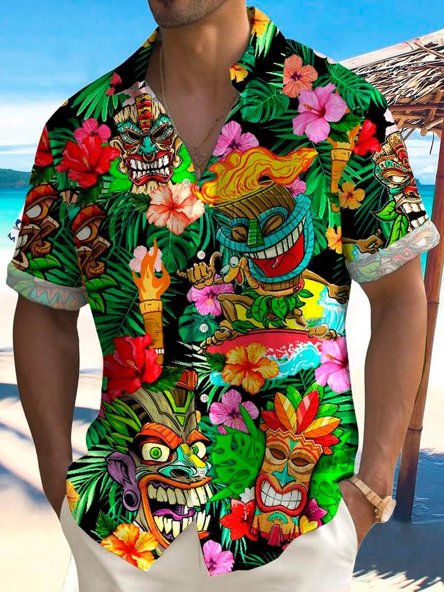 hawaiian tiki tropical plant print button down shirt