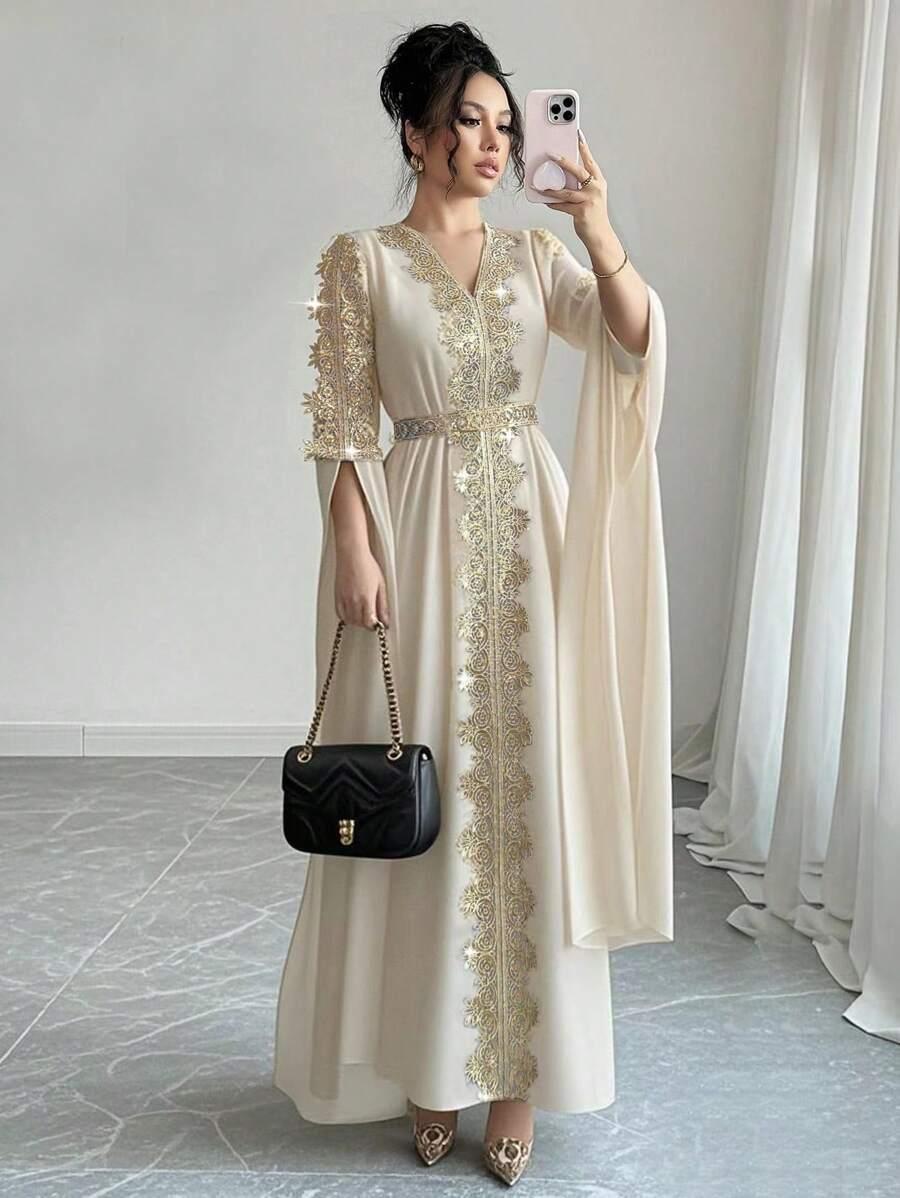 cream embroidered patchwork abaya dress with lace trim