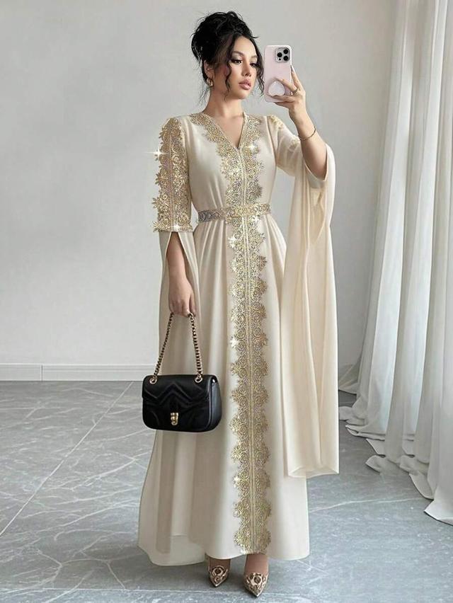 cream embroidered patchwork abaya dress with lace trim