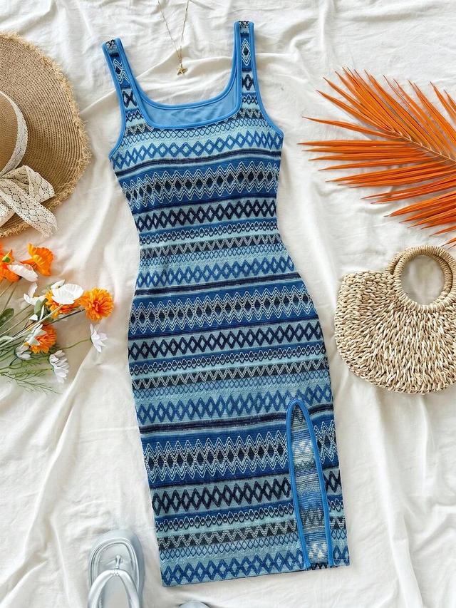 blue geometric pattern square neck slip dress