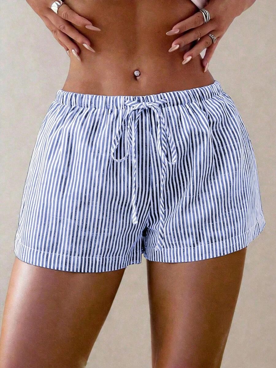 blue and white striped drawstring casual shorts
