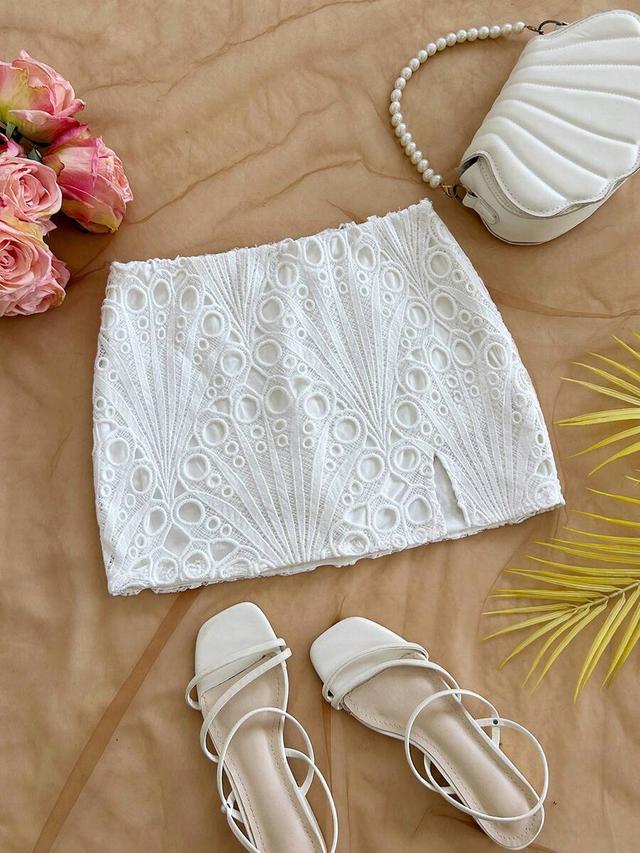 white textured lace mini skirt with side slit