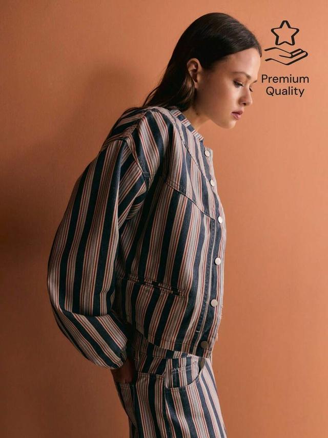 striped denim button-up cropped jacket