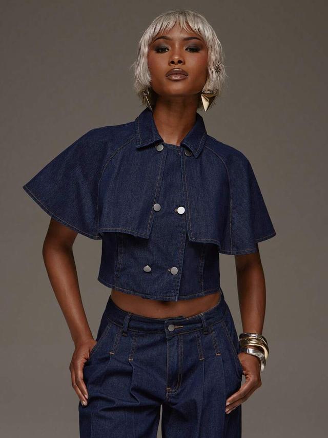 dark wash denim double-breasted cape top