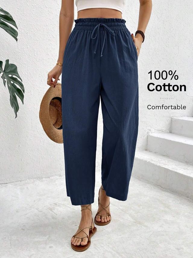 navy blue casual drawstring paper bag waist wide leg pants