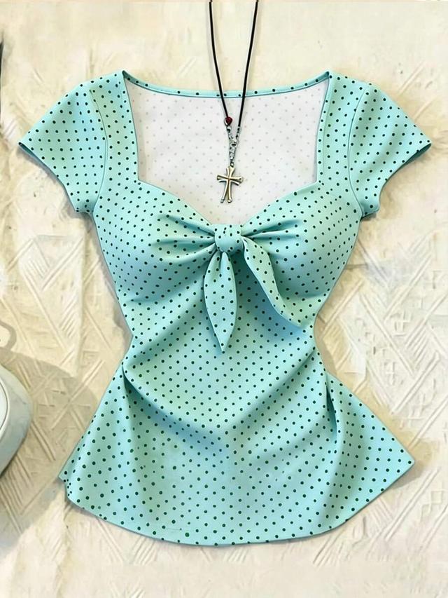 mint green polka dot sweetheart neck tie front top