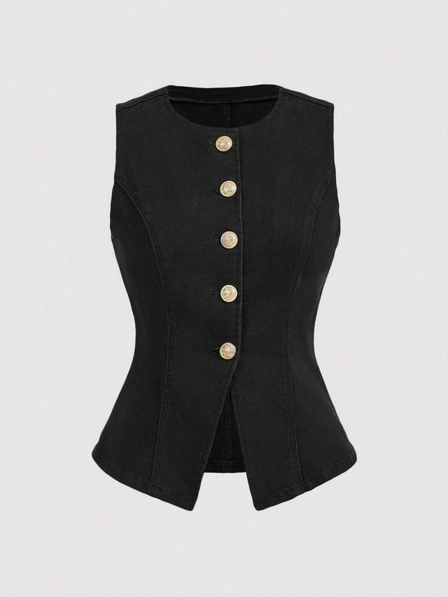 black sleeveless single breasted denim shirt